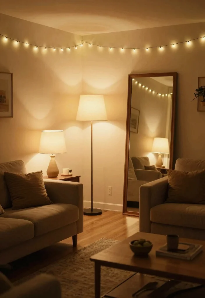 18 Small Apartment Living Room Layout and Furniture Arrangement Ideas - 9. Creative Use of Lighting 1