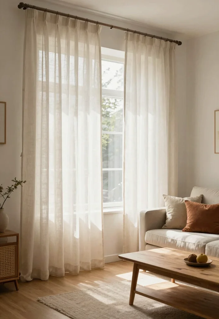 18 Sustainable Mid-Century Modern Living Room Furniture Ideas - 14. Natural Fiber Curtains 1