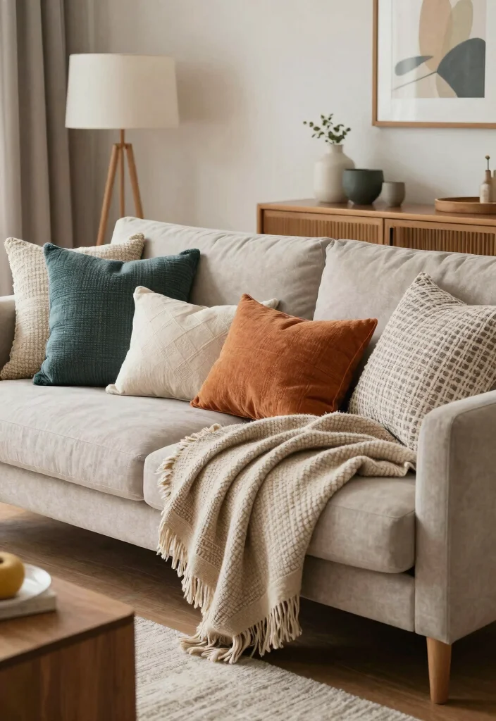 18 Sustainable Mid-Century Modern Living Room Furniture Ideas - 16. Eco-Friendly Throws and Pillows 1