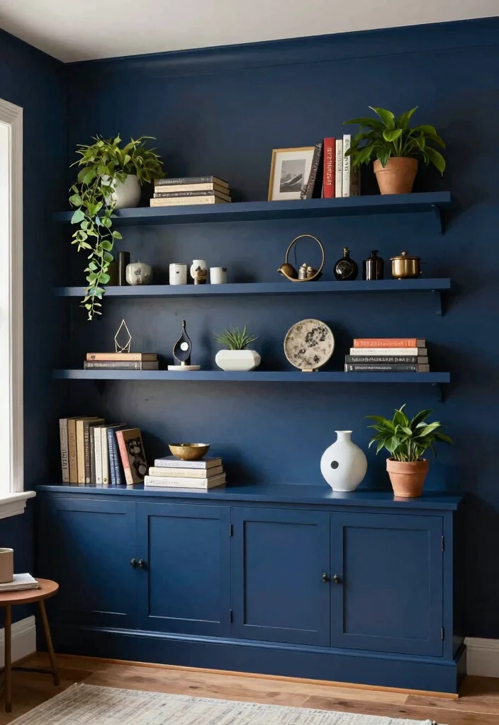 19 Best Furniture for a Small Living Room - 17. Accent Wall with Shelving 1