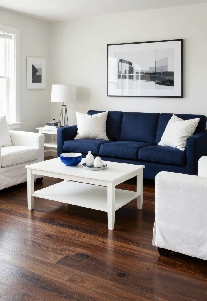 19 Dark Wood Floors Living Room Furniture Color Schemes - 12. Classic Navy and White 1