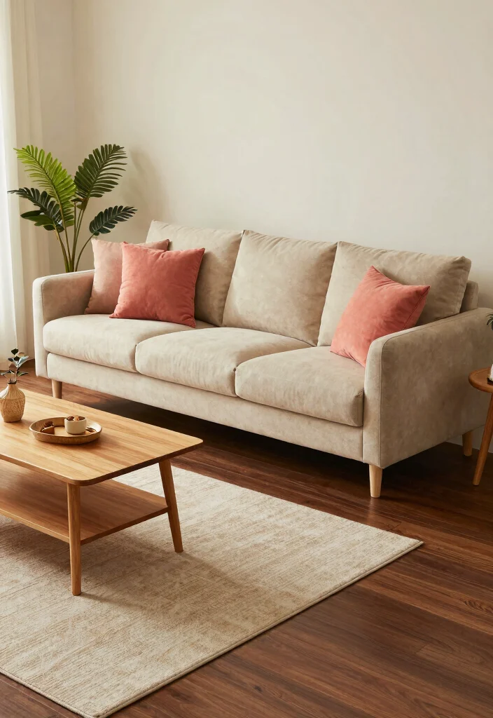 19 Dark Wood Floors Living Room Furniture Color Schemes - 13. Warm Sand and Coral 1