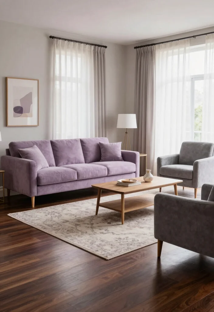 19 Dark Wood Floors Living Room Furniture Color Schemes - 14. Muted Lavender and Gray 1