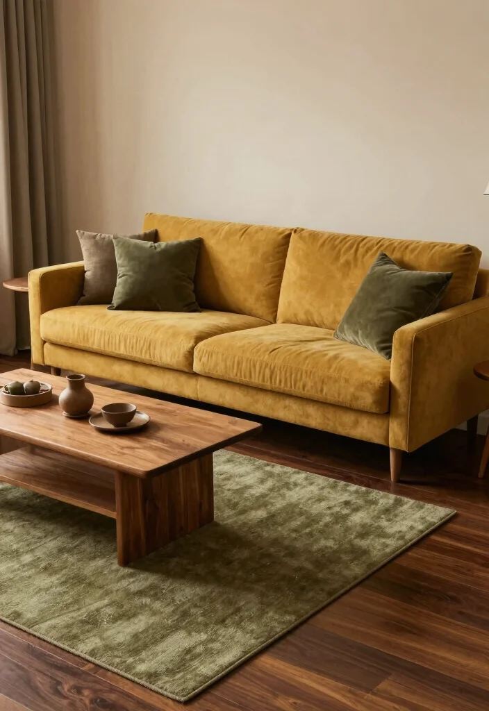 19 Dark Wood Floors Living Room Furniture Color Schemes - 15. Earthy Mustard and Olive 1