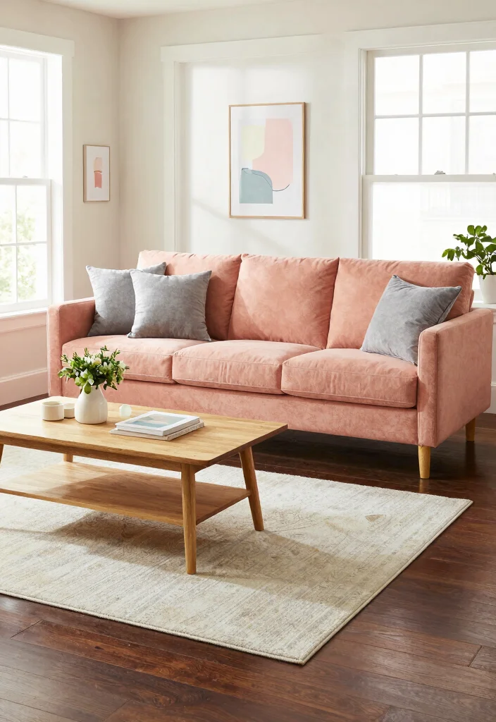 19 Dark Wood Floors Living Room Furniture Color Schemes - 16. Soft Peach and Gray 1