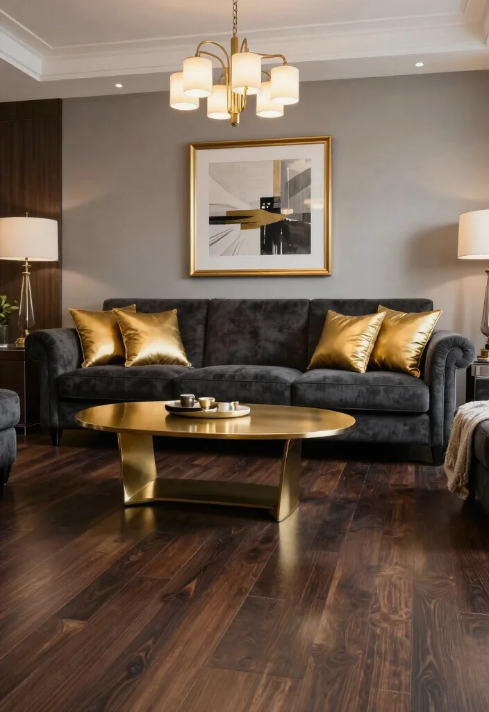 19 Dark Wood Floors Living Room Furniture Color Schemes - 18. Elegant Charcoal and Gold 1