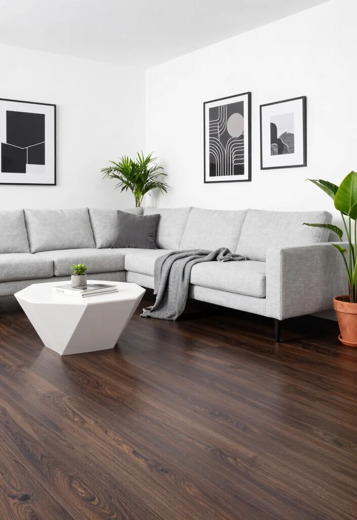 19 Dark Wood Floors Living Room Furniture Color Schemes - 3. Cool Grays and Whites 1