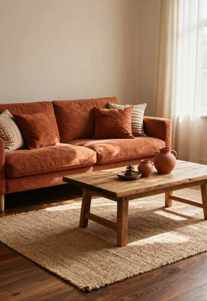 19 Dark Wood Floors Living Room Furniture Color Schemes - 4. Warm Terracotta and Rust 1