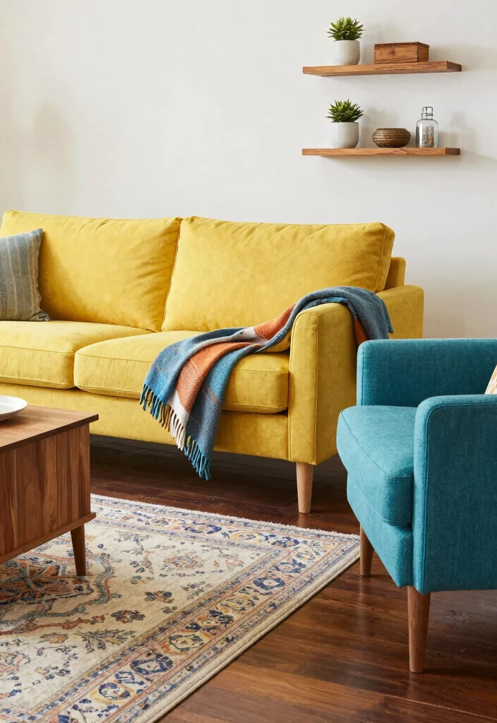 19 Dark Wood Floors Living Room Furniture Ideas - 1. Complement with Bright Upholstery 1