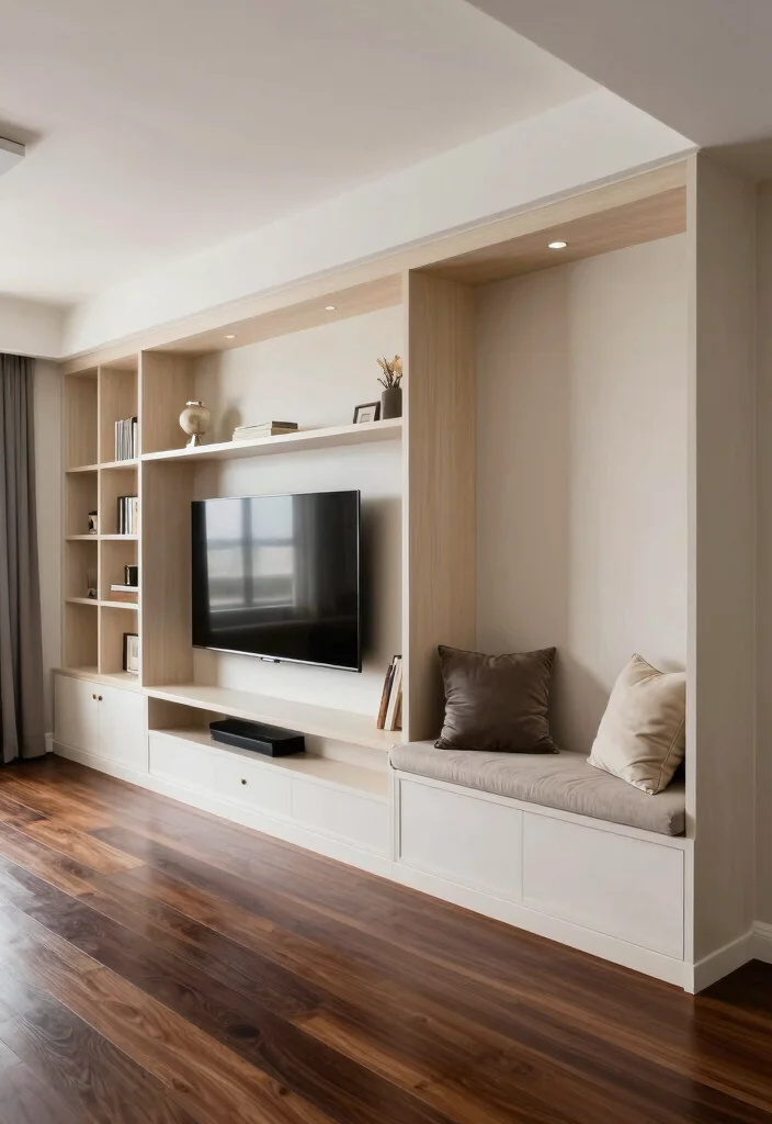 19 Dark Wood Floors Living Room Furniture Ideas - 10. Incorporate Built-In Furniture 1