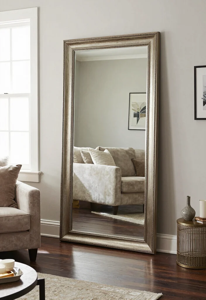19 Dark Wood Floors Living Room Furniture Ideas - 11. Use Mirrors to Reflect Space 1