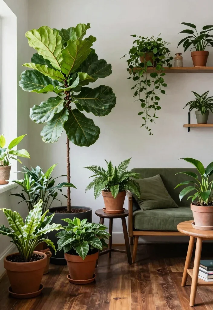 19 Dark Wood Floors Living Room Furniture Ideas - 12. Accent with Greenery 1