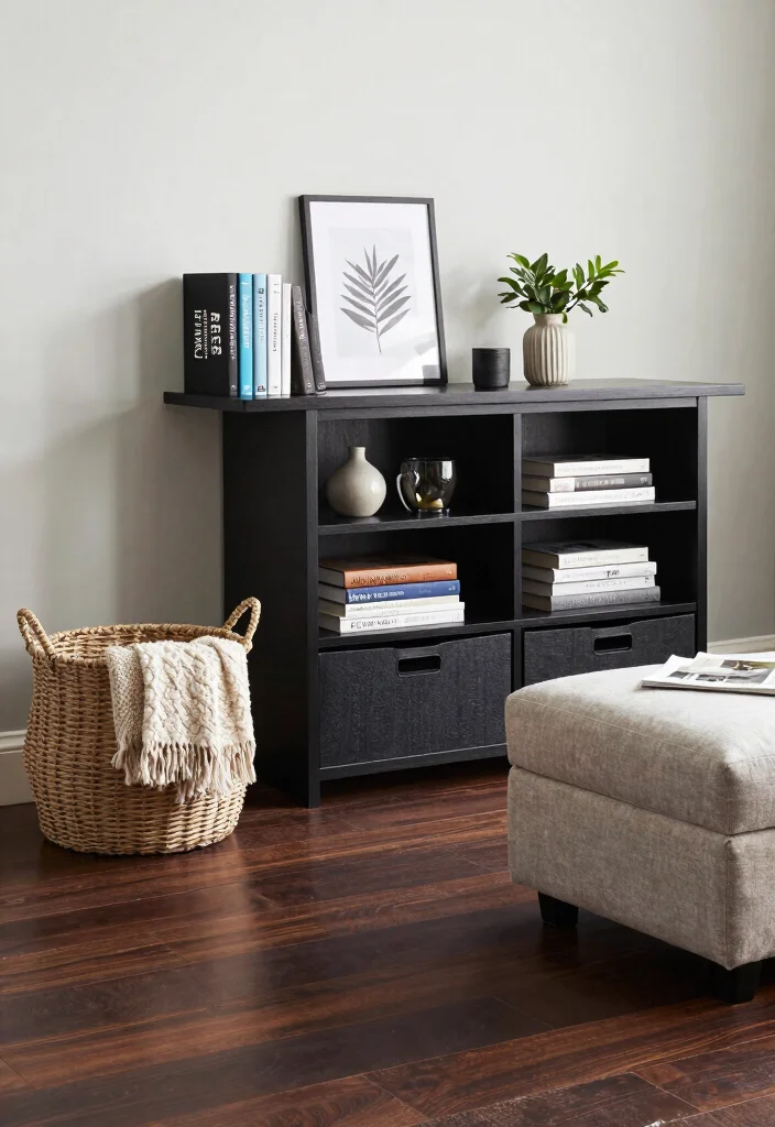 19 Dark Wood Floors Living Room Furniture Ideas - 17. Stylish Storage Solutions 1