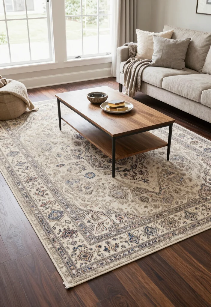 19 Dark Wood Floors Living Room Furniture Ideas - 4. Layered Rugs 1