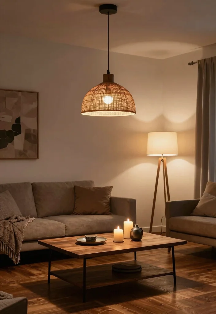 19 Dark Wood Floors Living Room Furniture Ideas - 5. Modern Rustic Lighting 1