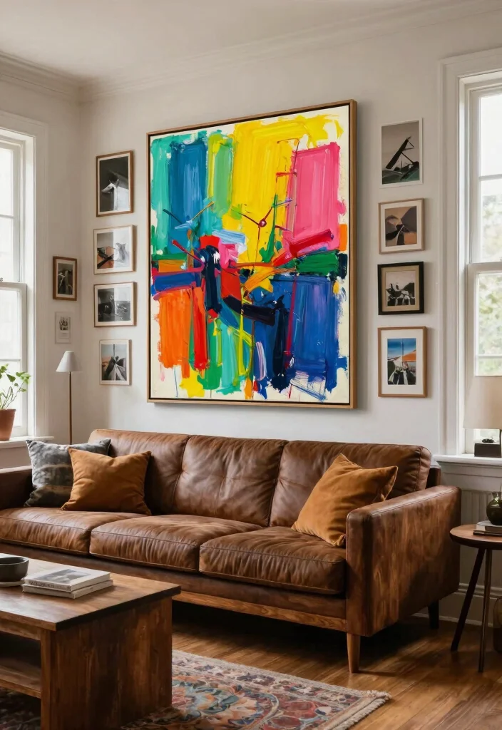 19 Dark Wood Floors Living Room Furniture Ideas - 6. Bold Art Pieces 1