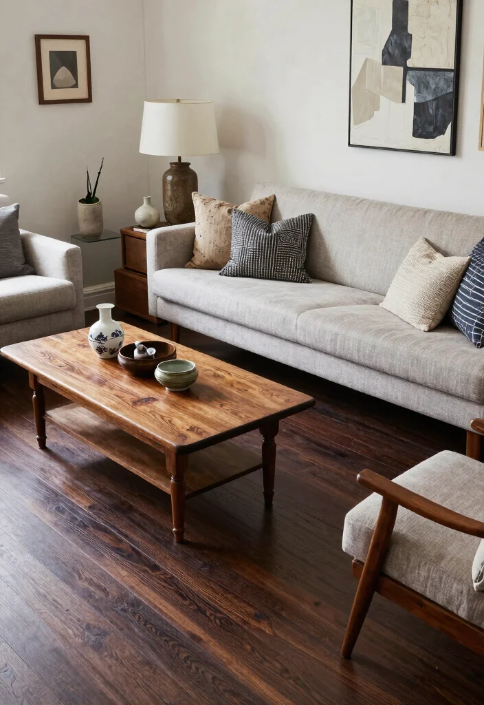 19 Dark Wood Floors Living Room Furniture Ideas - 7. Mix and Match Furniture Styles 1