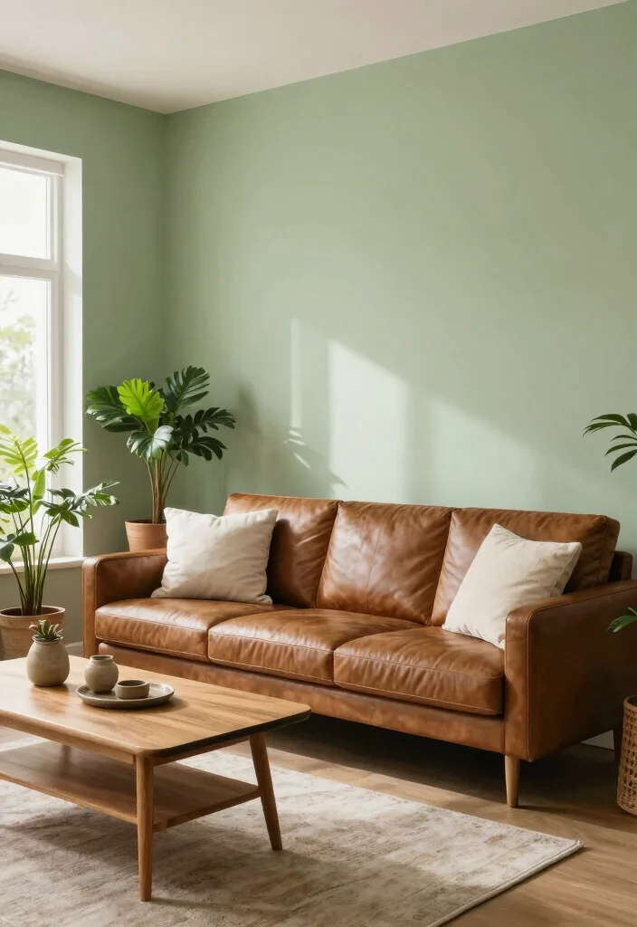 19 Eco-Friendly Paint Colors for Living Room with Brown Furniture - 1. Soft Sage Green 1