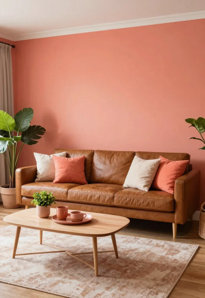 19 Eco-Friendly Paint Colors for Living Room with Brown Furniture - 4. Muted Coral 1