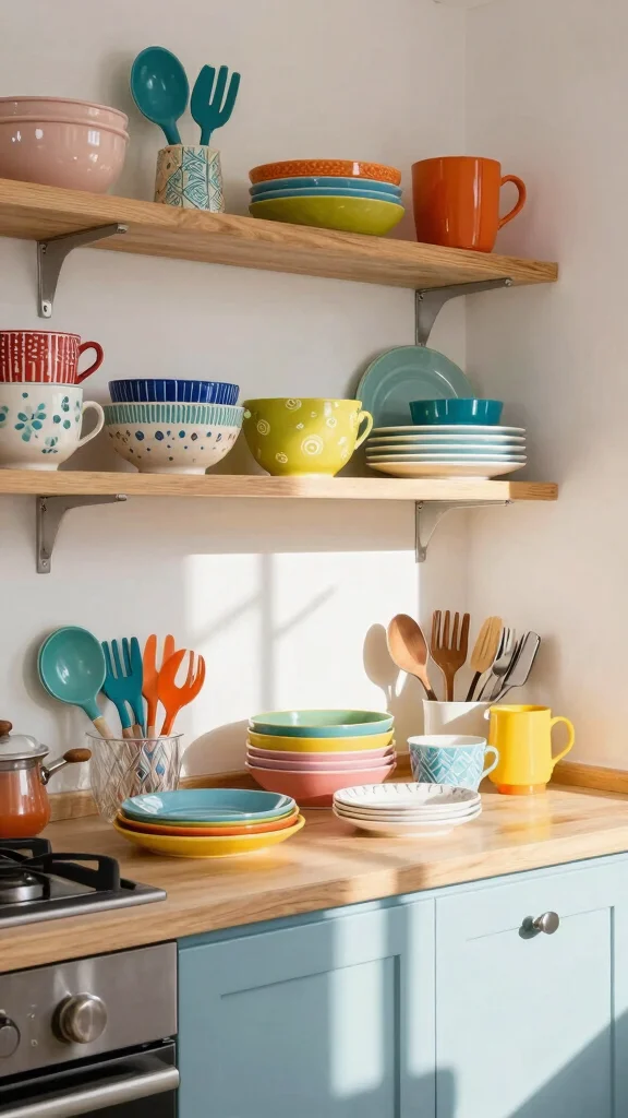 19 Green Kitchen Design Ideas: Sustainable Decor & Natural Colors - 18. Colorful Utensils and Dinnerware 1