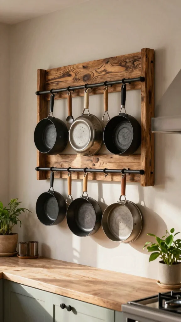 19 Kitchen Wall Design Ideas: Paint, Wallpaper & Accent Features - 13. Creative Pot Rack Displays 1