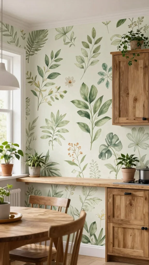 19 Kitchen Wall Design Ideas: Paint, Wallpaper & Accent Features - 4. Nature-Inspired Wallpaper 1