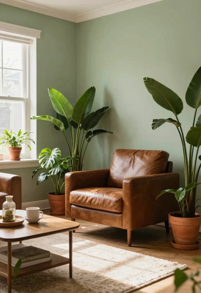 19 Living Room Paint Color Ideas with Brown Furniture - 1. Soft Sage Green 1