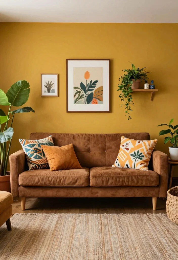 19 Living Room Paint Color Ideas with Brown Furniture - 11. Earthy Mustard 1