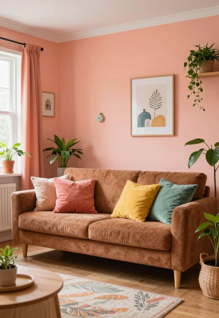 19 Living Room Paint Color Ideas with Brown Furniture - 12. Light Coral 1