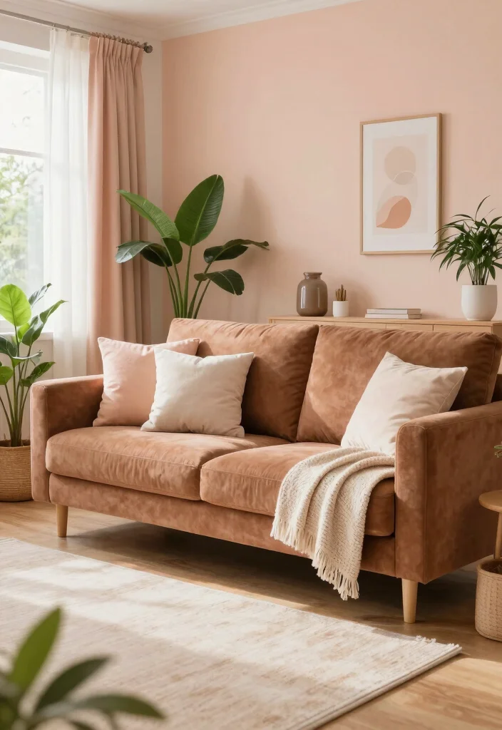 19 Living Room Paint Color Ideas with Brown Furniture - 16. Soft Peach 1