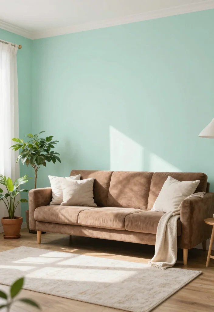 19 Living Room Paint Color Ideas with Brown Furniture - 17. Pale Mint 1