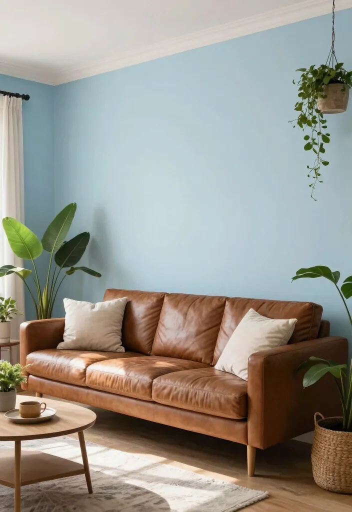 19 Living Room Paint Color Ideas with Brown Furniture - 18. Soft Powder Blue 1