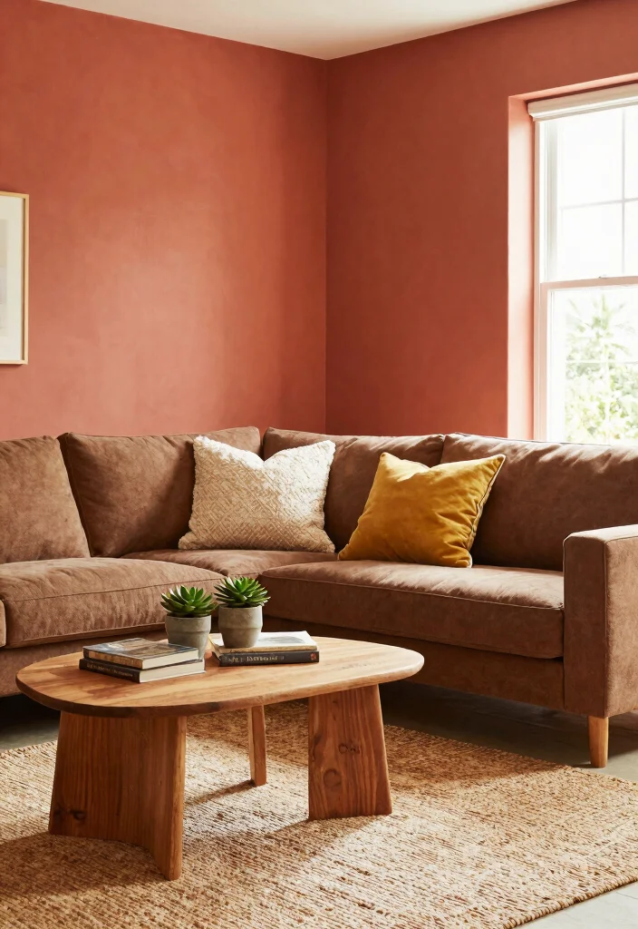 19 Living Room Paint Color Ideas with Brown Furniture - 2. Warm Terracotta 1