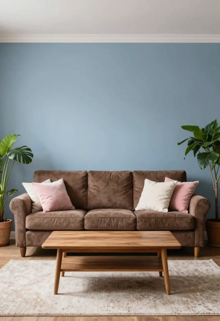 19 Living Room Paint Color Ideas with Brown Furniture - 3. Dusty Blue 1