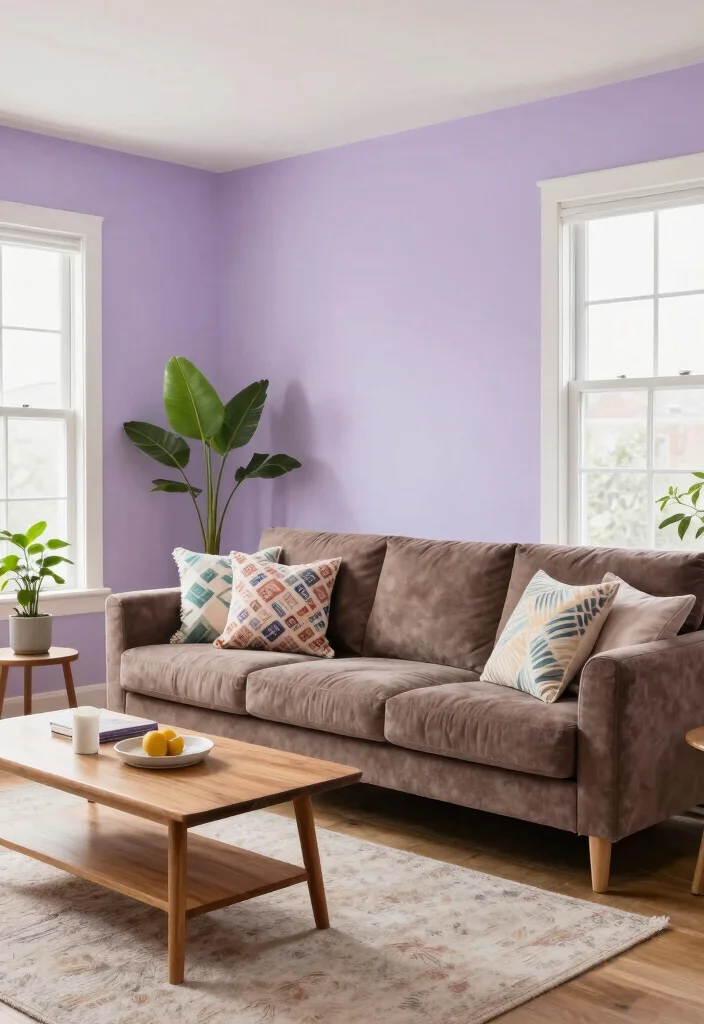 19 Living Room Paint Color Ideas with Brown Furniture - 8. Soft Lavender 1