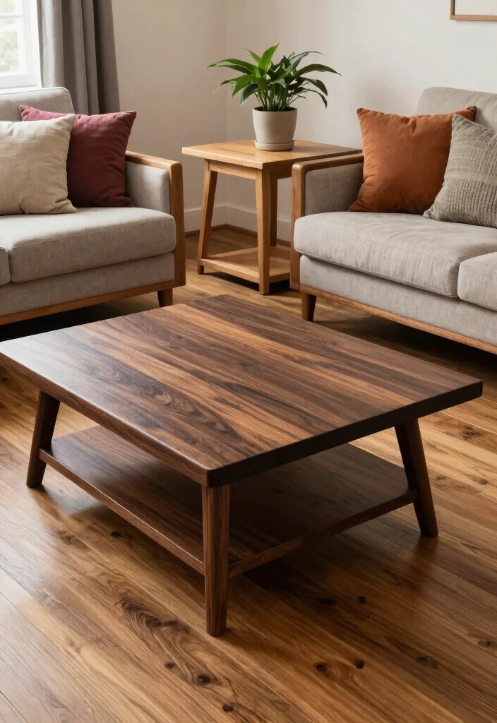 19 Mismatched Living Room Furniture Mix & Match Ideas - 10. Mixing Wood Finishes: A Rustic Touch 1