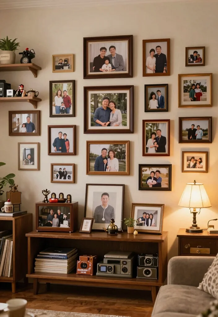 19 Mismatched Living Room Furniture Mix & Match Ideas - 17. Personal Mementos: Showcasing Memories 1