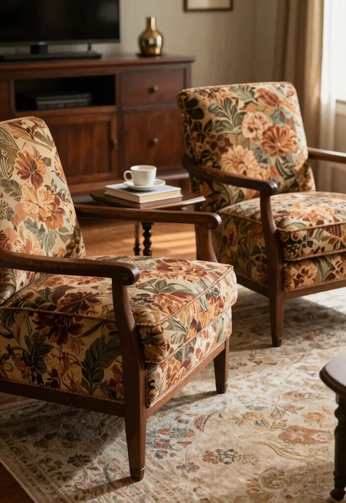 19 Traditional Living Room Decor Ideas with Dark Wood Furniture - 3. Vintage Accent Chairs 1