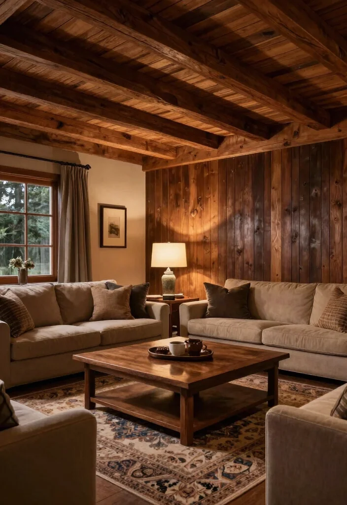 19 Traditional Living Room Decor Ideas with Dark Wood Furniture - 7. Wooden Beams and Paneling 1