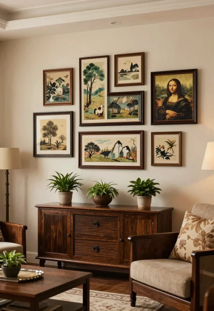 19 Traditional Living Room Decor Ideas with Dark Wood Furniture - 8. Traditional Artwork and Frames 1