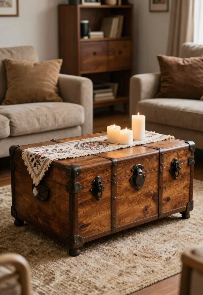19 Traditional Living Room Decor Ideas with Dark Wood Furniture - 9. Vintage Trunks and Storage Solutions 1