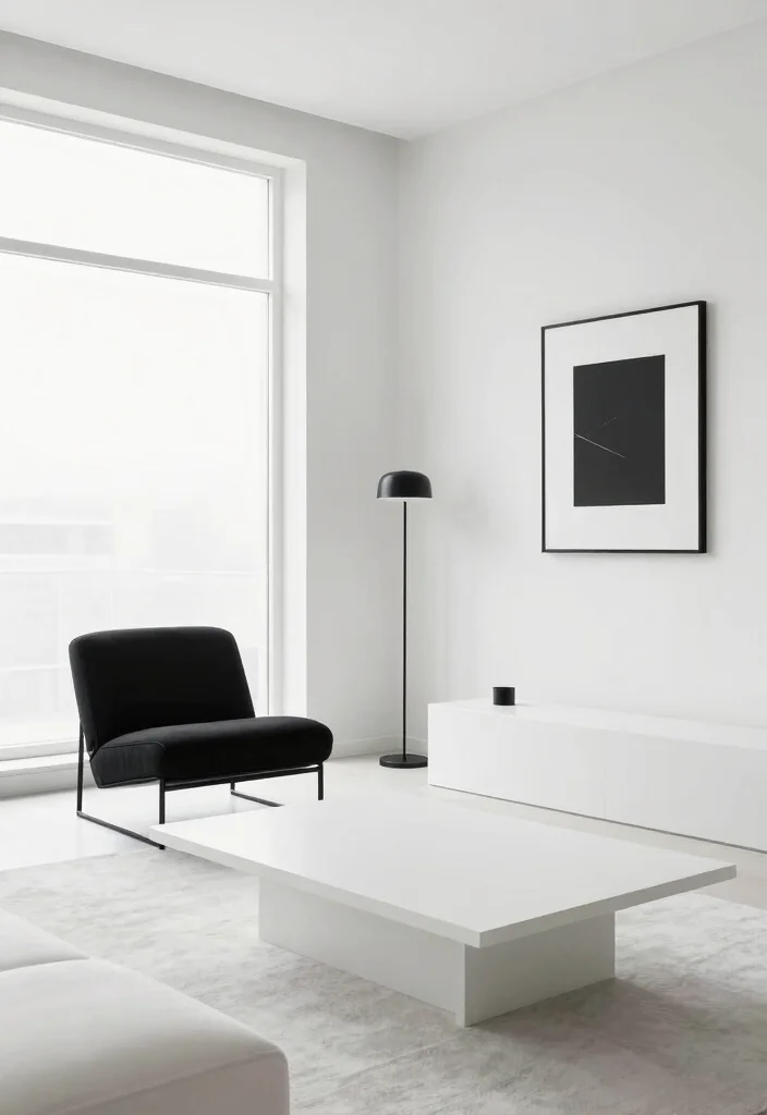 20 Black and White Furniture Living Room Ideas - 13. Fresh Minimalism with Monochrome Accents 1