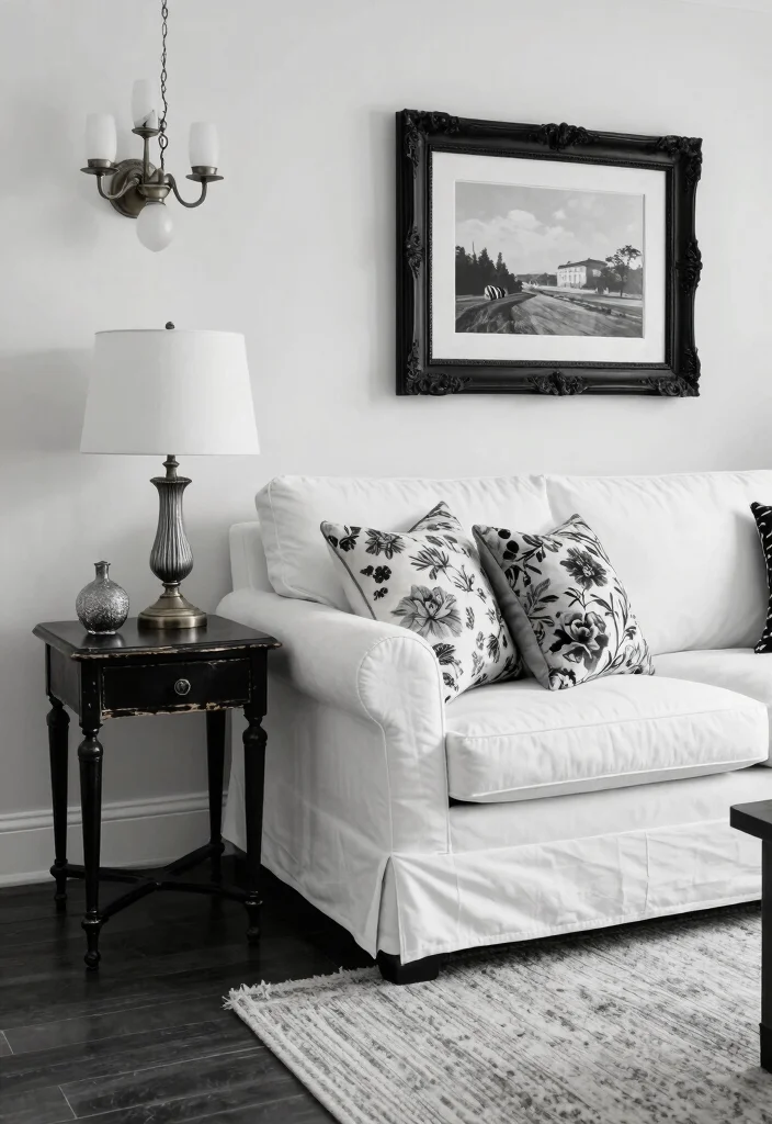 20 Black and White Furniture Living Room Ideas - 14. Vintage Charm Meets Monochrome 1