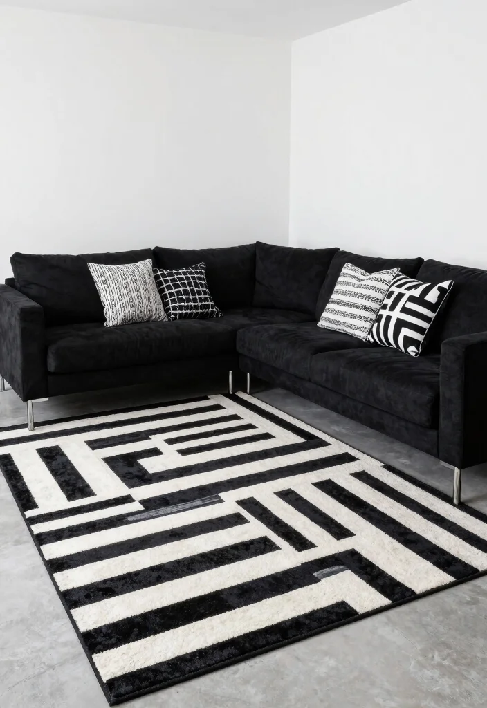 20 Black and White Furniture Living Room Ideas - 17. Statement Rugs for Style 1
