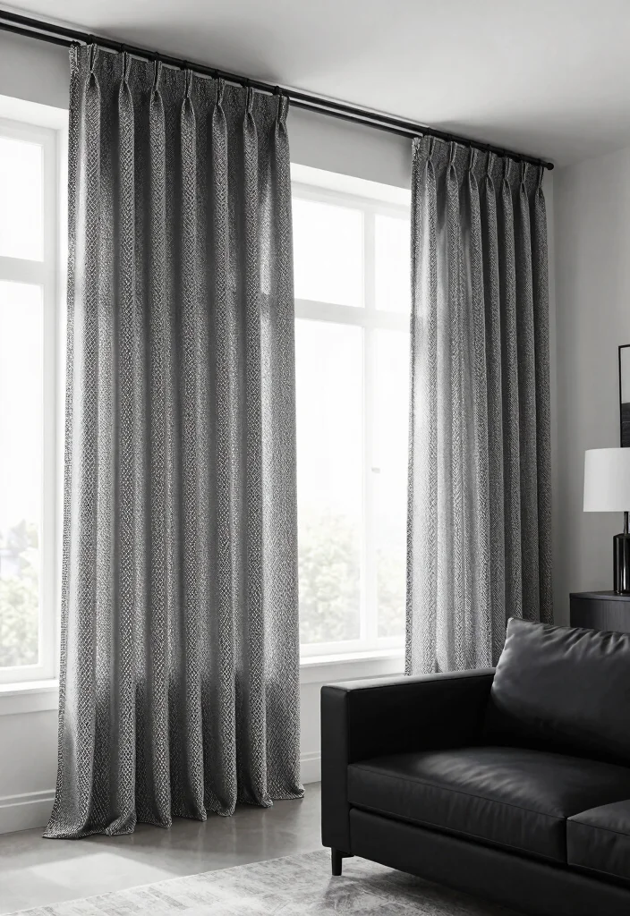 20 Black and White Furniture Living Room Ideas - 19. Elegant Monochrome Curtain Choices 1