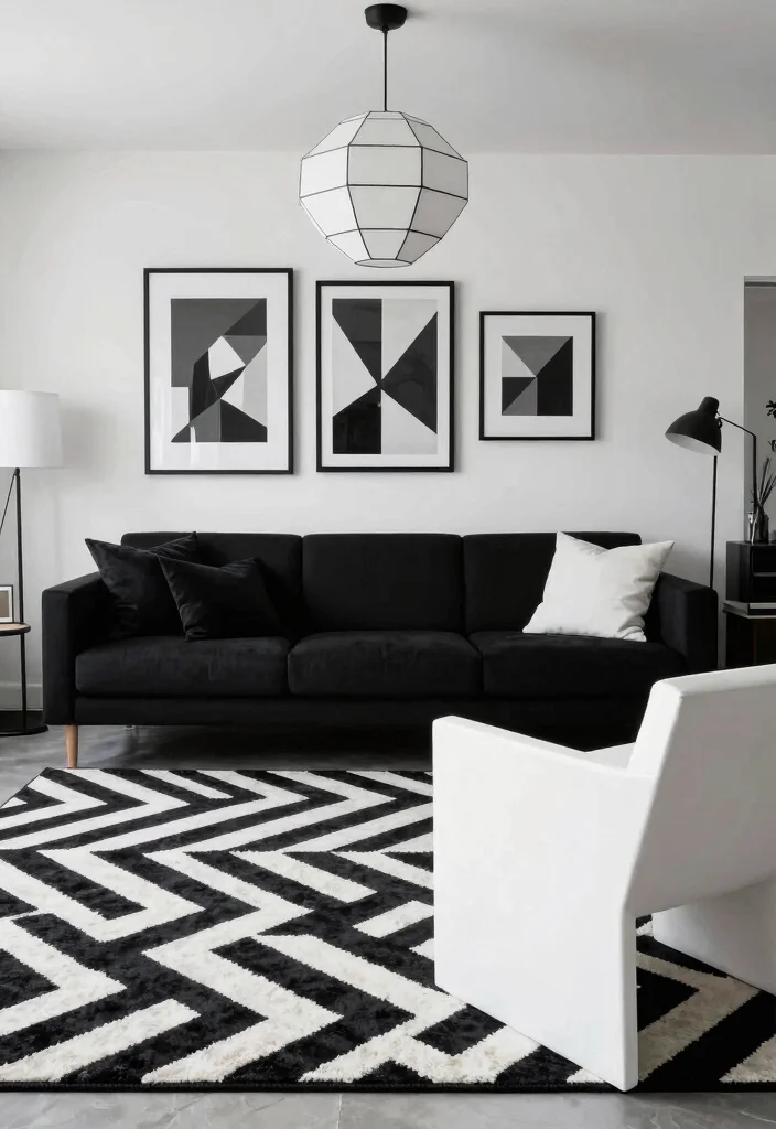 20 Black and White Furniture Living Room Ideas - 2. Bold Geometric Patterns 1