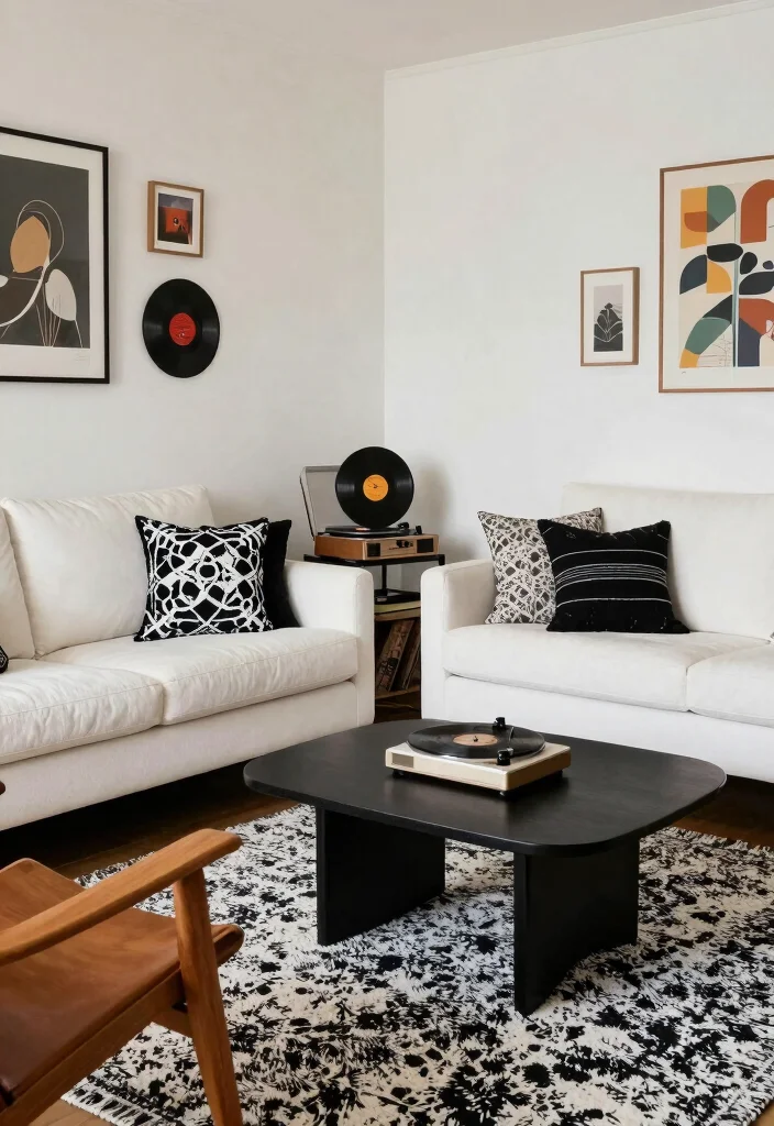 20 Black and White Furniture Living Room Ideas - 3. Retro Vibes with Modern Touches 1