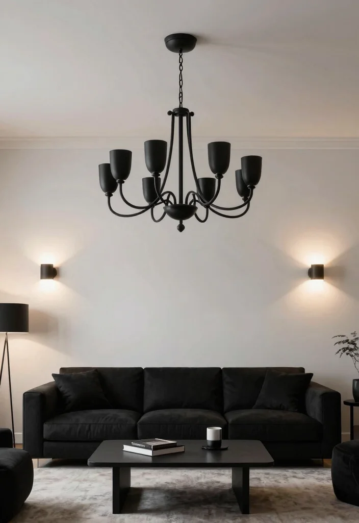 20 Black and White Furniture Living Room Ideas - 5. Statement Lighting Fixtures 1