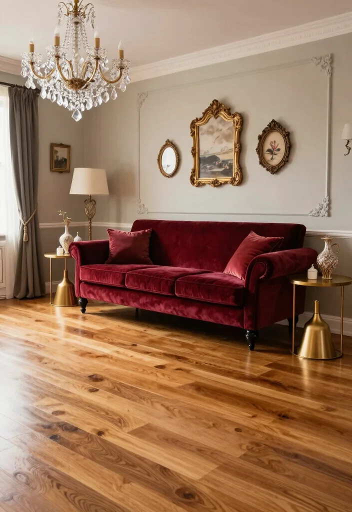 20 Honey Oak Floors Living Room Furniture Ideas - 10. Vintage Glam 1