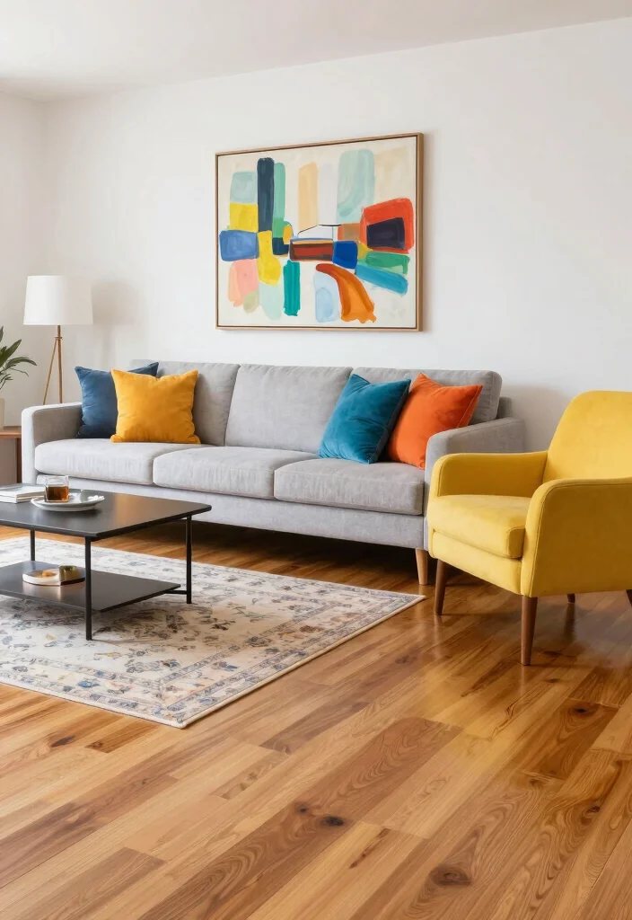 20 Honey Oak Floors Living Room Furniture Ideas - 11. Sophisticated Color Pops 1